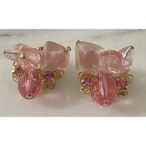 Vintage Pink Cluster Clip On Earrings Gold Tone Filigree Frosted Rhinestones